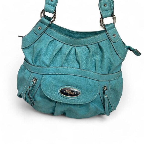 Strada Pleated Shoulder Bag Teal Blue Faux Leather Pink Lining 15"W x 12"H x 5"D - Picture 1 of 11